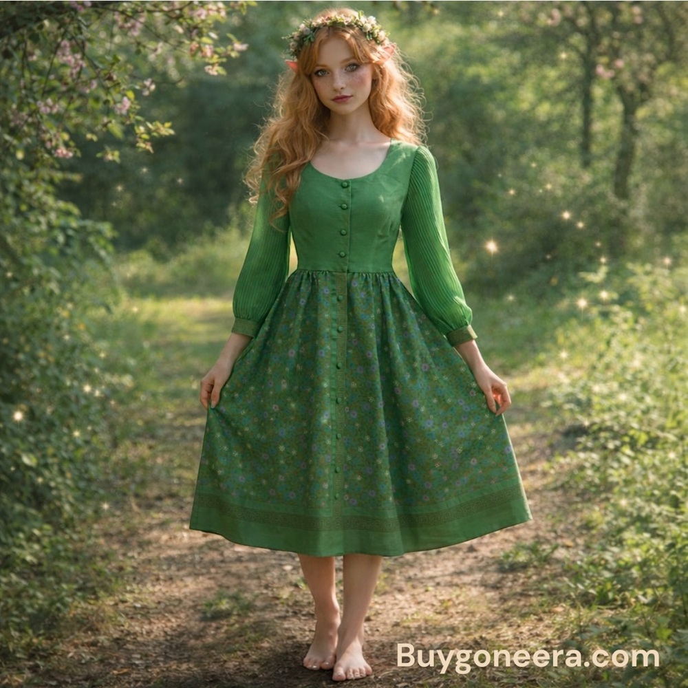 Vintage Green Dress With Floral Design And Gold Greek Key Detailing. Fairy Core. - Picture 2 of 12